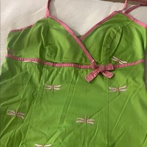 RARE Lime Green Sleeveless Dress with Pink Trim & Dragonfly Embroidery